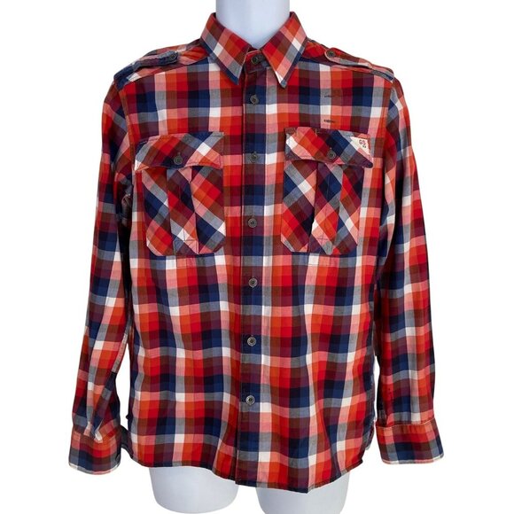 G-Star Raw Men’s Red Blue Plaid Button-Up Shirt Epaulets Size M Streetwear - Picture 1 of 16